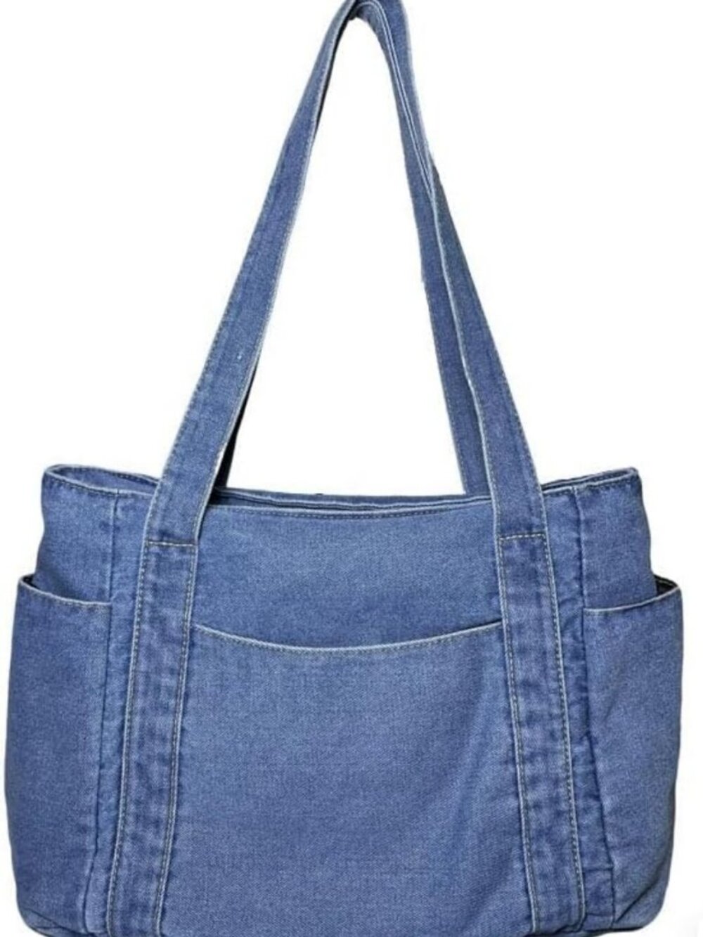 Stylish Light Blue Casual Denim Tote Bag, Multi-Pocket Canvas Handbag for Women